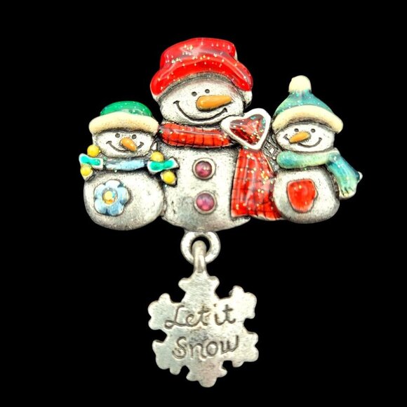 AJMC Snowman Family "Let It Snow" Pewter Enamel Christmas Brooch Pin 1.75" W - Picture 1 of 6